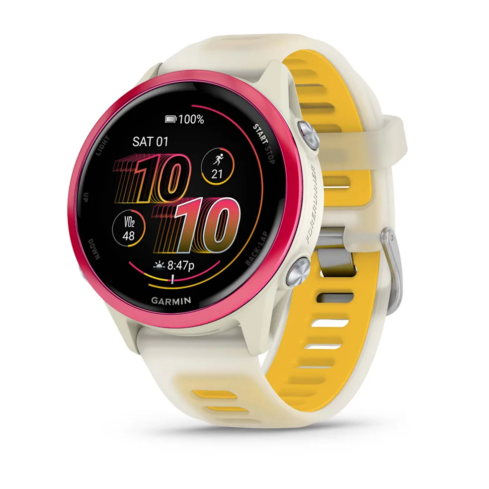 Garmin Forerunner 570 – 42 MM Raspberry Aluminium With Translucent Bone/mango Band
